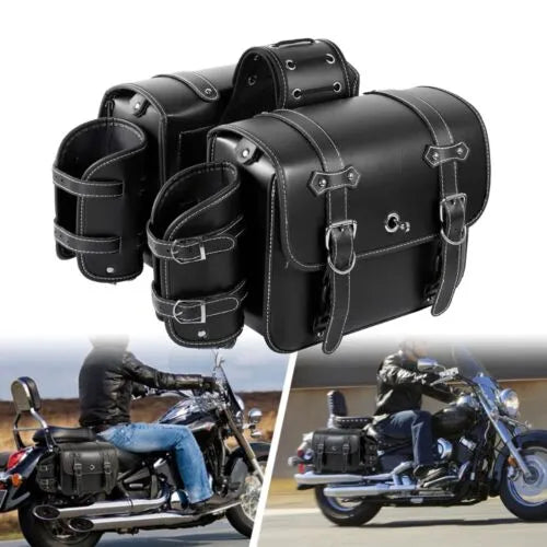 Universal 5.12” Wide Leather Motorcycle Saddlebags with Bottle Holder